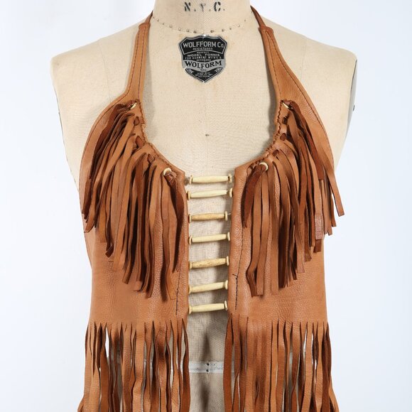 Artisan Handmade Leather Halter Top with Fringe & Beads Stagecoach Biker Rock - Picture 3 of 5